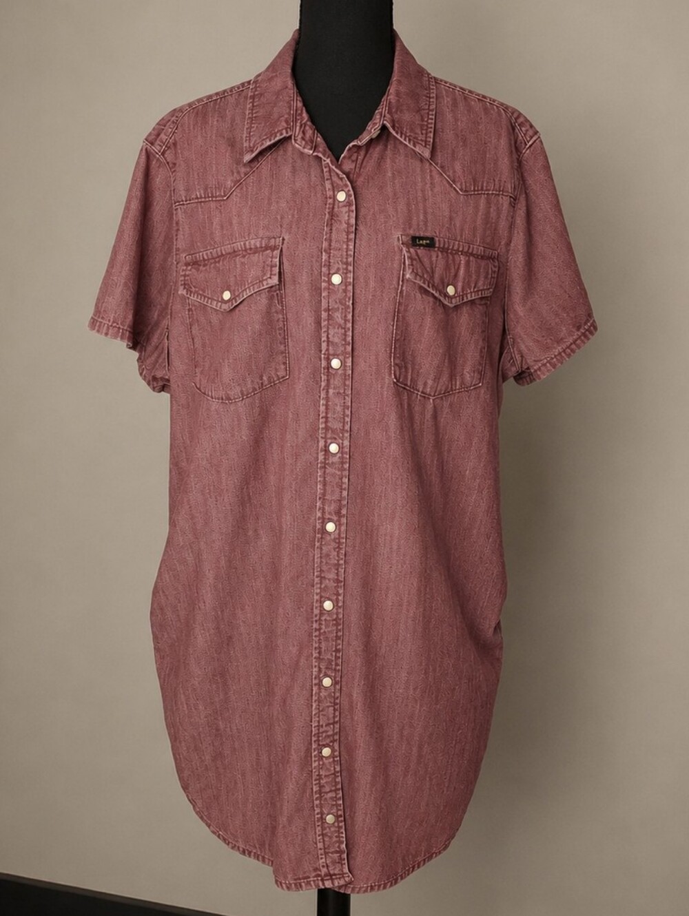 Button-Front Washed Burgundy Denim Shirt Dress